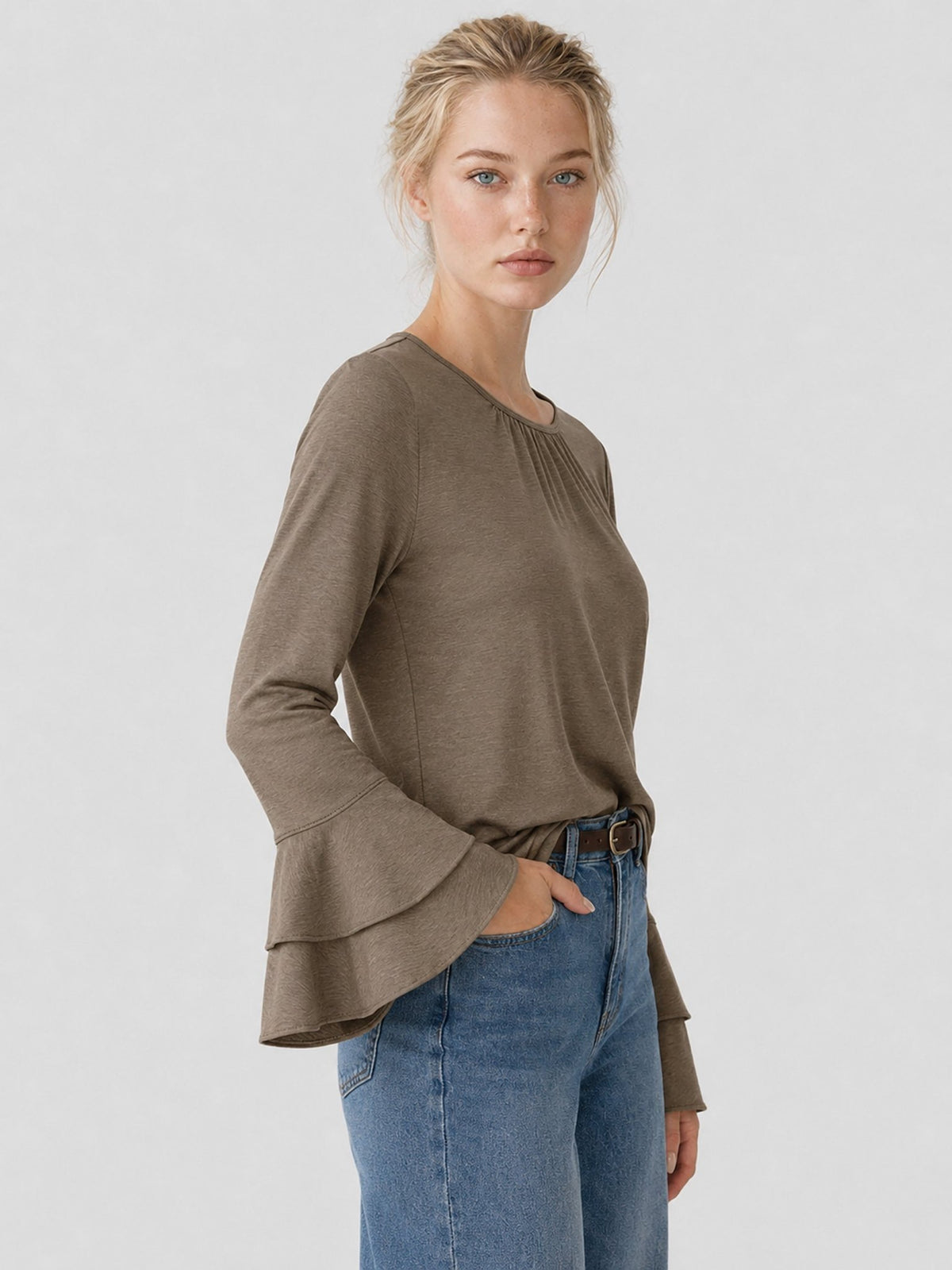 YUCOLEN Women's Double Ruffle Bell Sleeve Dressy Casual Tunic Blouse in Dark Brown
