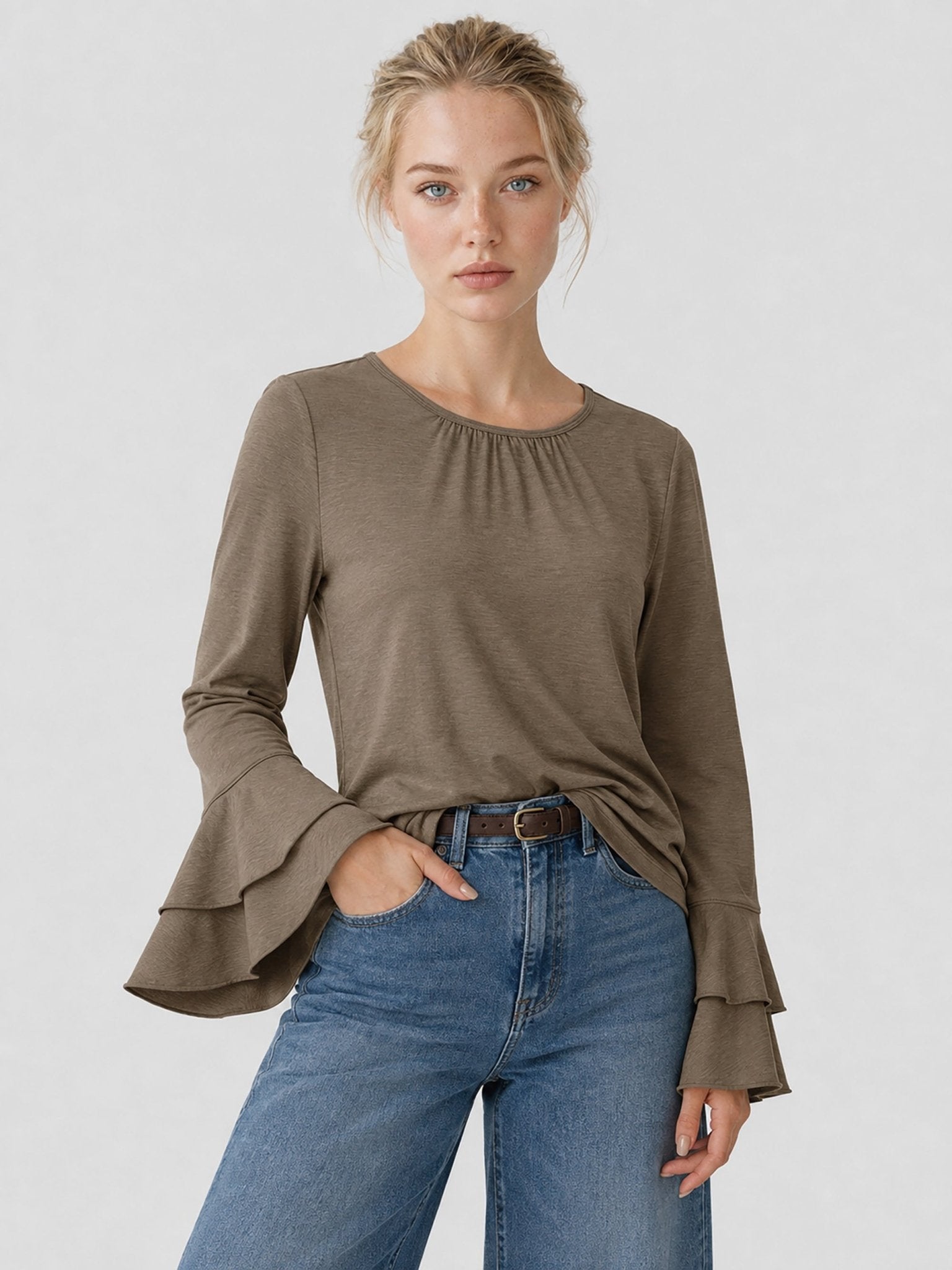 YUCOLEN Women's Double Ruffle Bell Sleeve Dressy Casual Tunic Blouse in Dark Brown