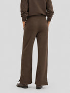 YUCOLEN Women's Fleece Lined Wide Leg Sweatpants Thermal Cotton Lounge Pants with Side Slits in Dark Brown