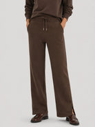 YUCOLEN Women's Fleece Lined Wide Leg Sweatpants Thermal Cotton Lounge Pants with Side Slits in Dark Brown