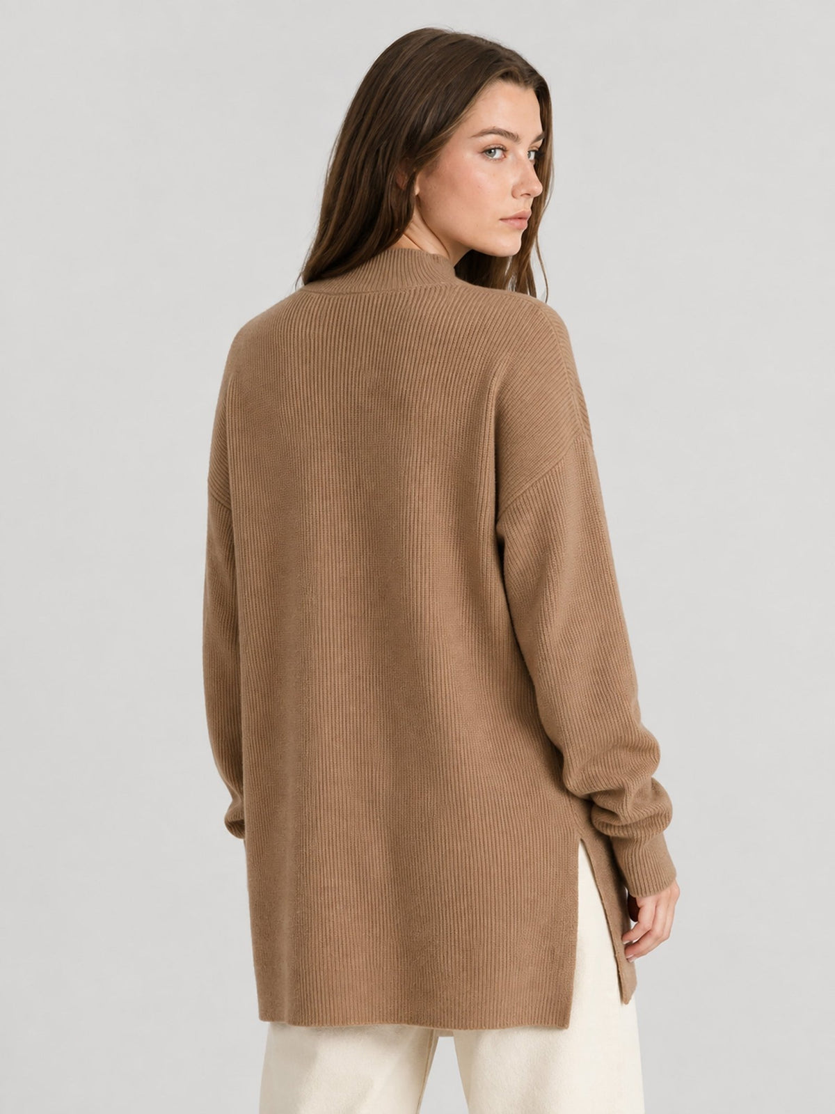 YUCOLEN Women's Oversized Ribbed Knit Turtleneck Pullover with Side Slit in Dark Brown