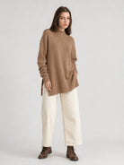 YUCOLEN Women's Oversized Ribbed Knit Turtleneck Pullover with Side Slit in Dark Brown