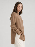 YUCOLEN Women's Oversized Ribbed Knit Turtleneck Pullover with Side Slit in Dark Brown