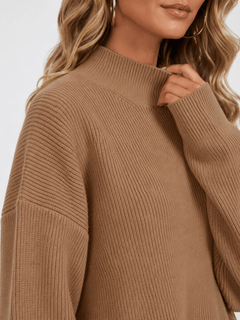 YUCOLEN Women's Oversized Ribbed Knit Turtleneck Pullover with Side Slit in Dark Brown