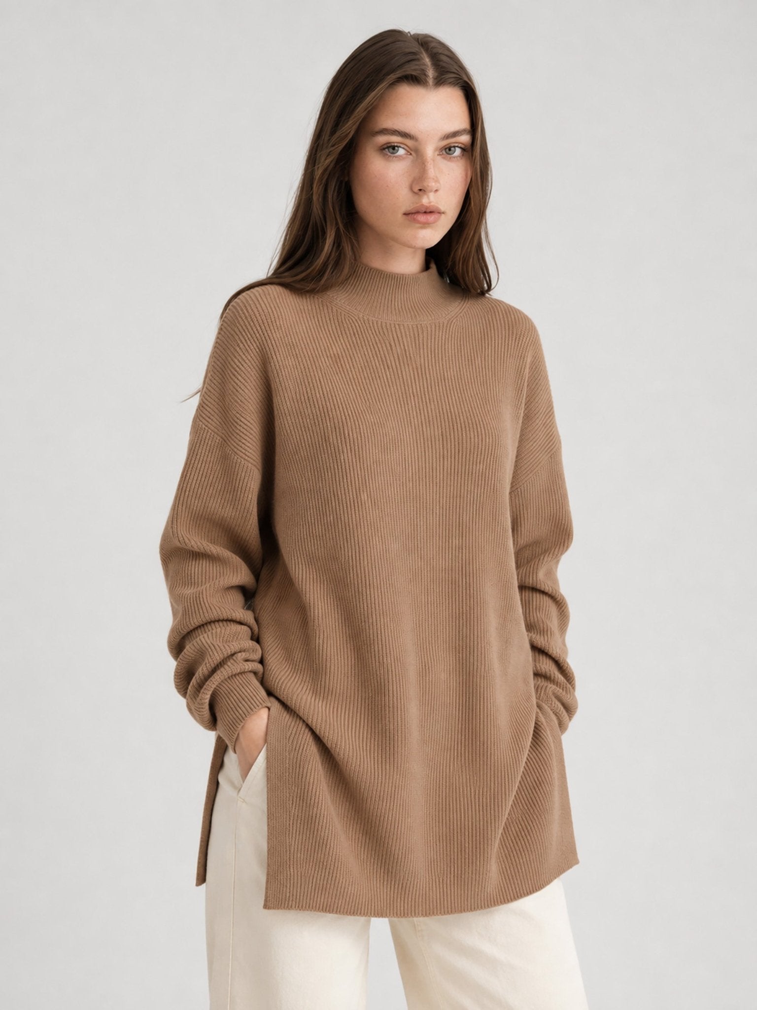YUCOLEN Women's Oversized Ribbed Knit Turtleneck Pullover with Side Slit in Dark Brown