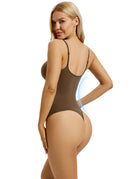 YUCOLEN Women's Seamless Tummy Control Bodysuit U-Neck Thong Shapewear in Dark Brown