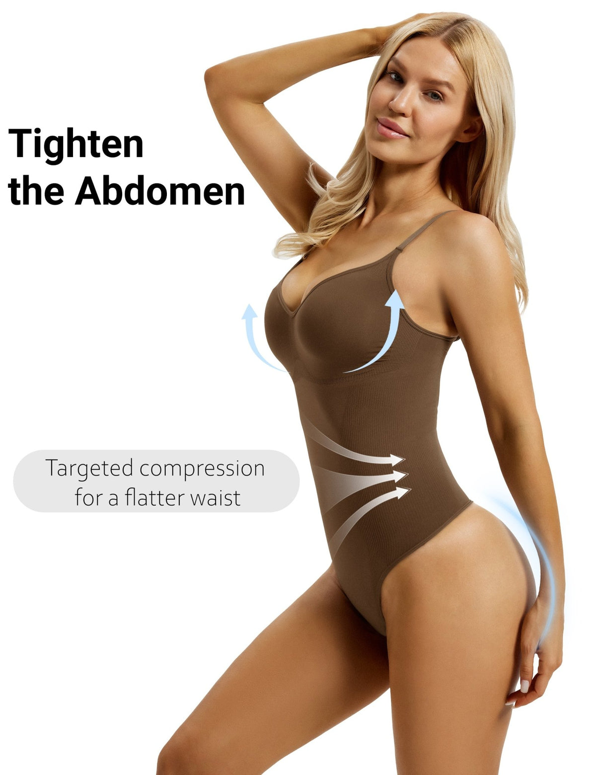 YUCOLEN Women's Seamless Tummy Control Bodysuit U-Neck Thong Shapewear in Dark Brown