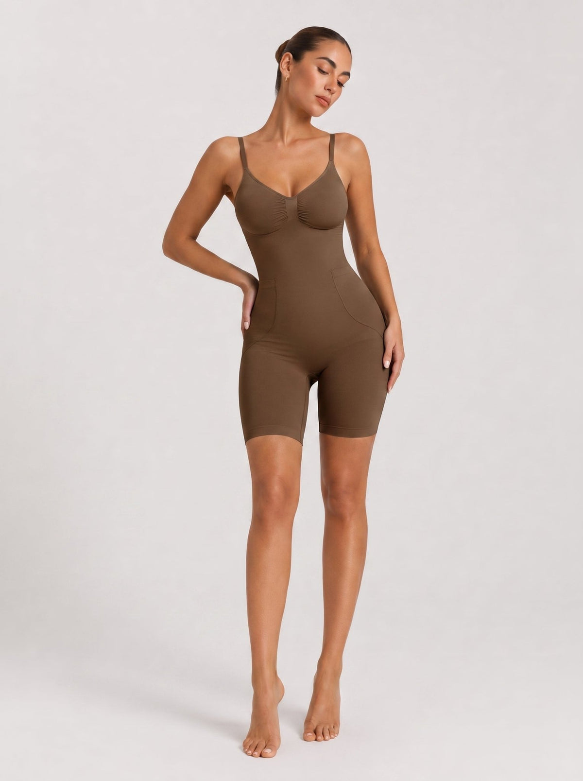 YUCOLEN Women's Seamless Tummy Control Bodysuit with Back Pull-Down Design in Dark Brown