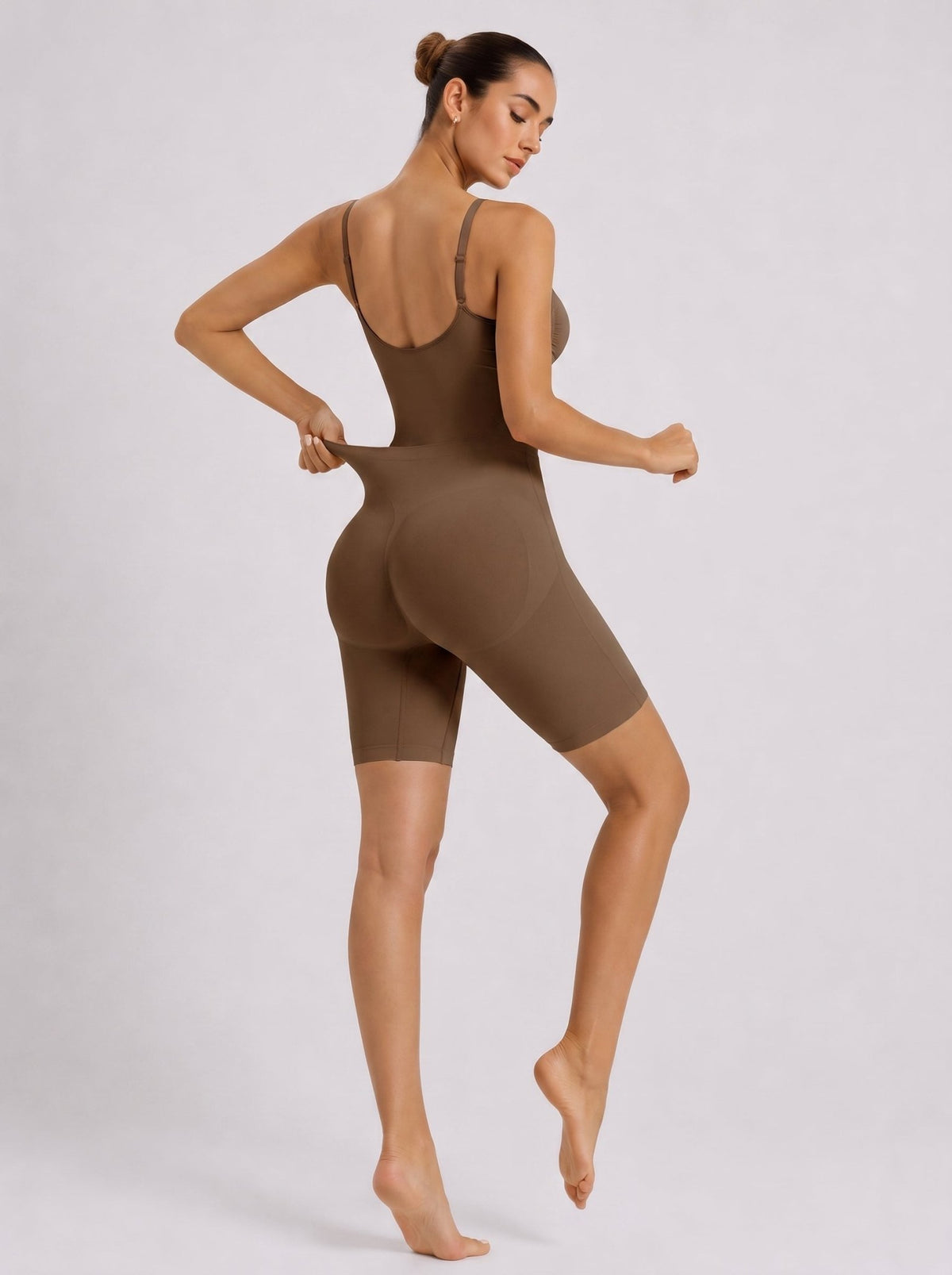 YUCOLEN Women's Seamless Tummy Control Bodysuit with Back Pull-Down Design in Dark Brown
