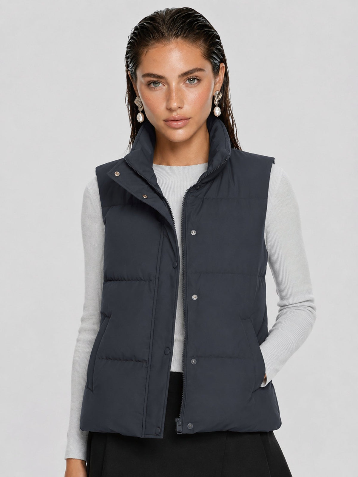 YUCOLEN Women's Lightweight Duck Down Puffer Vest Stand Collar Sleeveless Jacket in Dark Dray