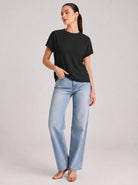 YUCOLEN Women's Oversized Ribbed Knit Short Sleeve T-Shirt Loose Batwing Casual Top in Dark Gray