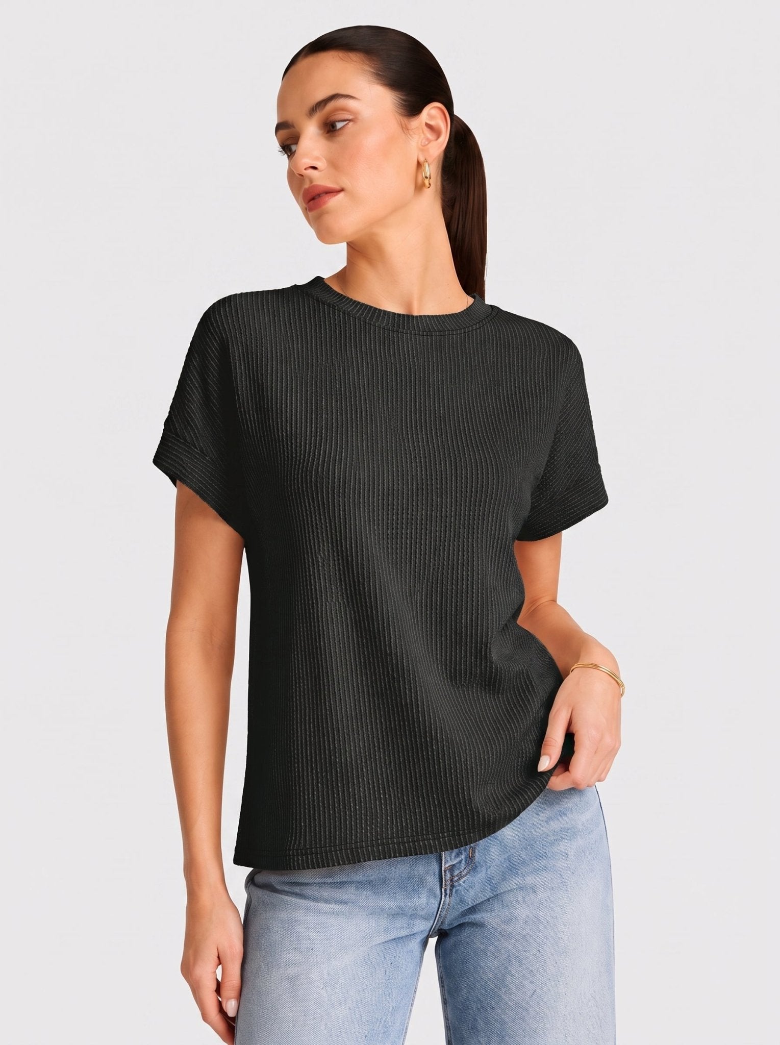YUCOLEN Women's Oversized Ribbed Knit Short Sleeve T-Shirt Loose Batwing Casual Top in Dark Gray