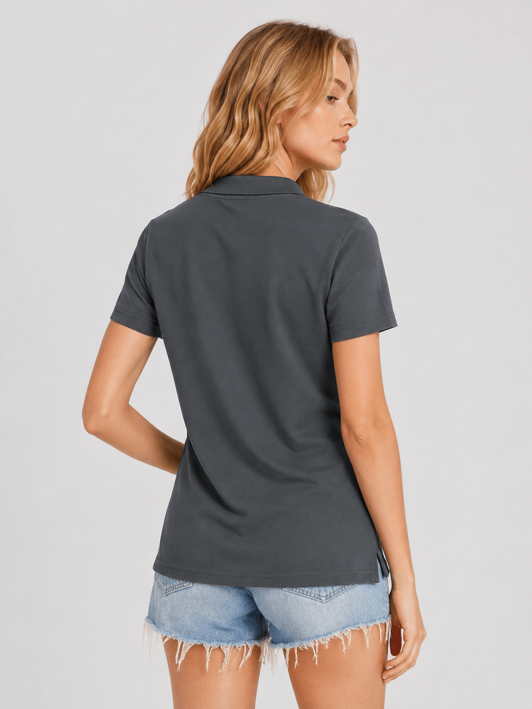 YUCOLEN Women's Short Sleeve Cotton Polo Shirt Breathable 3-Button Collared Top in Dark Gray
