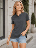 YUCOLEN Women's Short Sleeve Cotton Polo Shirt Breathable 3-Button Collared Top in Dark Gray