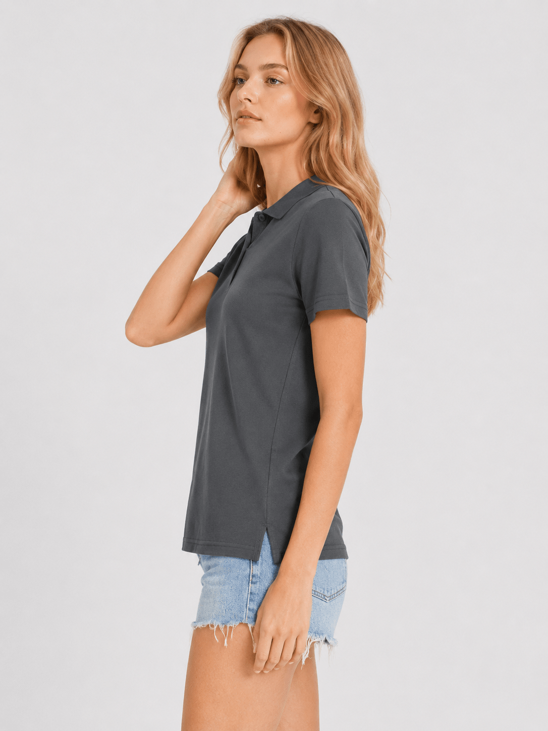 YUCOLEN Women's Short Sleeve Cotton Polo Shirt Breathable 3-Button Collared Top in Dark Gray