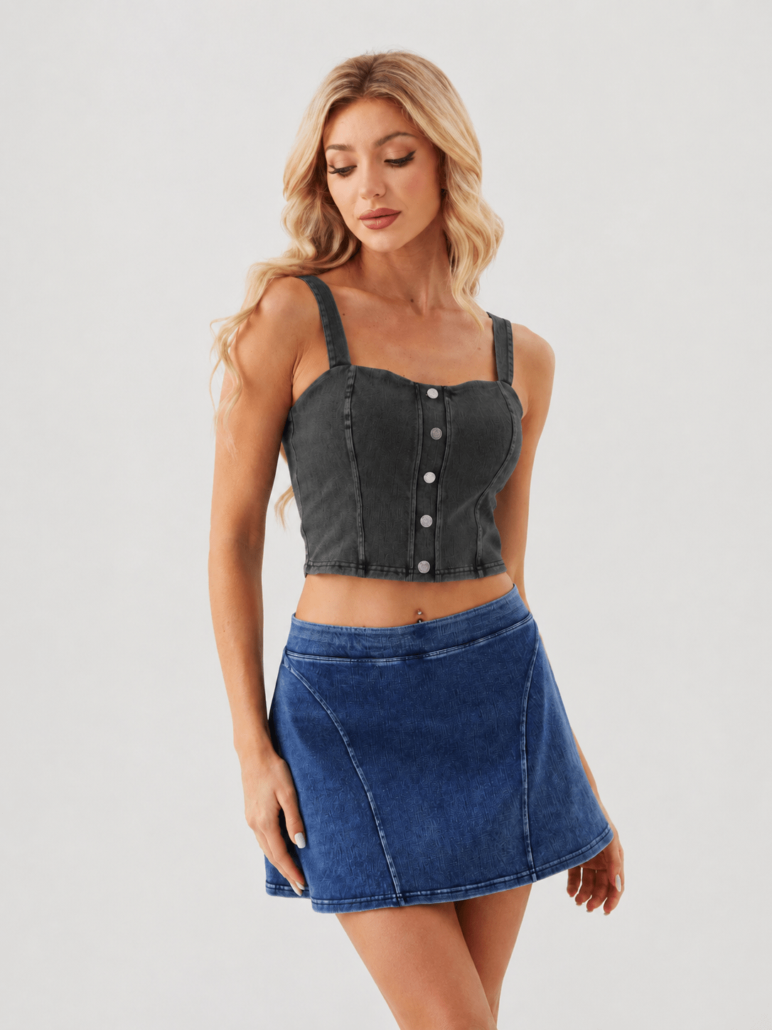 YUCOLEN Women's Square Neck Denim Look Tank Top with Built-in Bra Slim Fit Crop Workout Top in Dark Gray