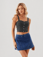 YUCOLEN Women's Square Neck Denim Look Tank Top with Built-in Bra Slim Fit Crop Workout Top in Dark Gray