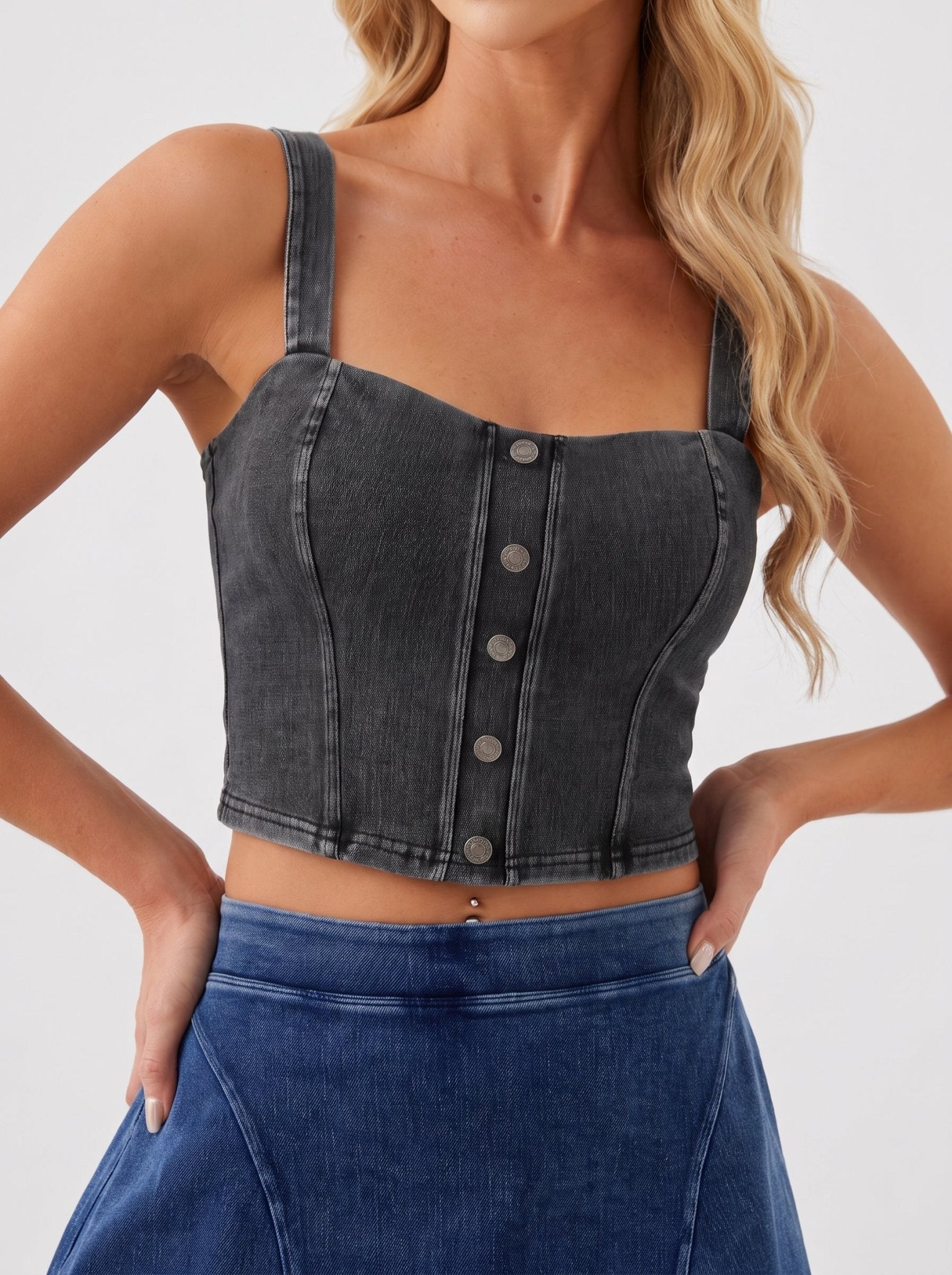 YUCOLEN Women's Square Neck Denim Look Tank Top with Built-in Bra Slim Fit Crop Workout Top in Dark Gray