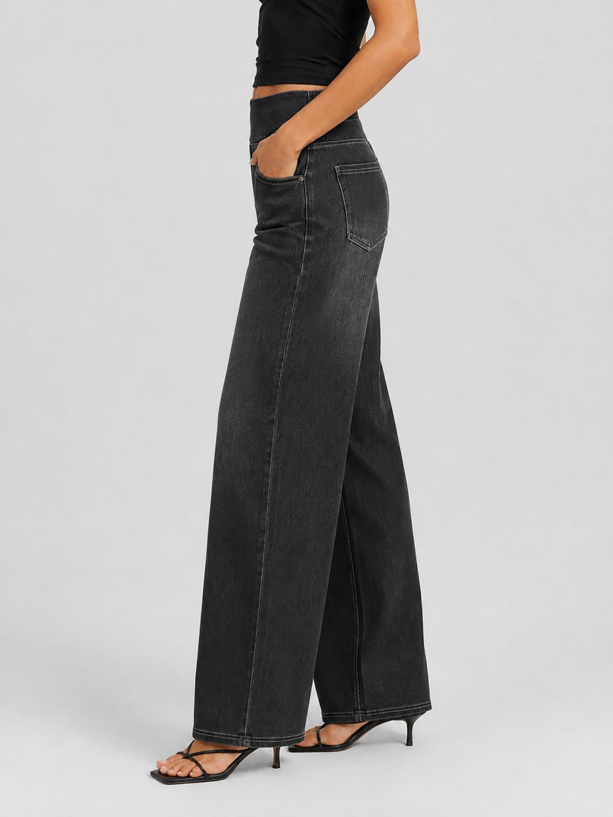 YUCOLEN Women's Wide Leg Jeans Stretchy High Waist Tummy Control Trousers in Dark Gray