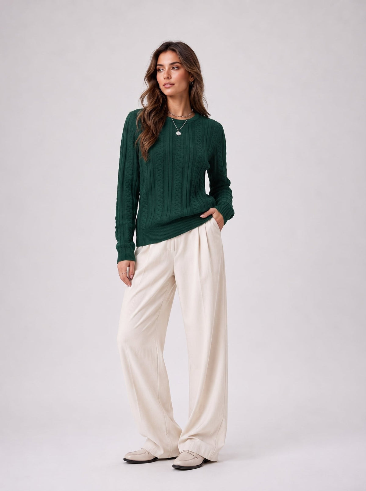 YUCOLEN Women's Lightweight Cable Knit Sweater Soft Crew Neck Fisherman Pullover Top in Dark Green