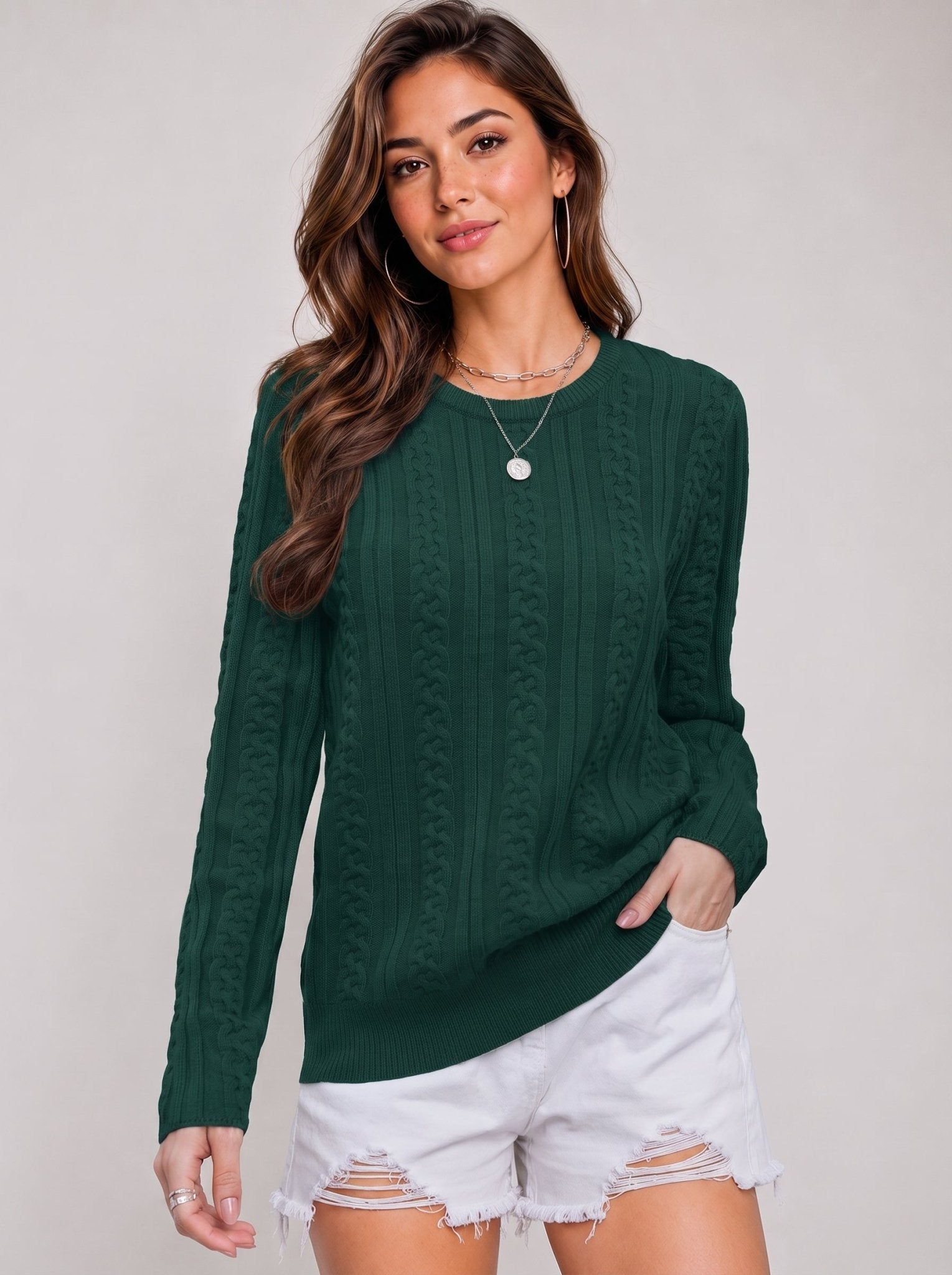 YUCOLEN Women's Lightweight Cable Knit Sweater Soft Crew Neck Fisherman Pullover Top in Dark Green