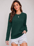 YUCOLEN Women's Lightweight Cable Knit Sweater Soft Crew Neck Fisherman Pullover Top in Dark Green