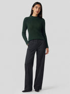 YUCOLEN Women's Mock Neck Ribbed Slim Fit Sweater Soft Wool Blend Pullover in Dark Green