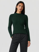 YUCOLEN Women's Mock Neck Ribbed Slim Fit Sweater Soft Wool Blend Pullover in Dark Green