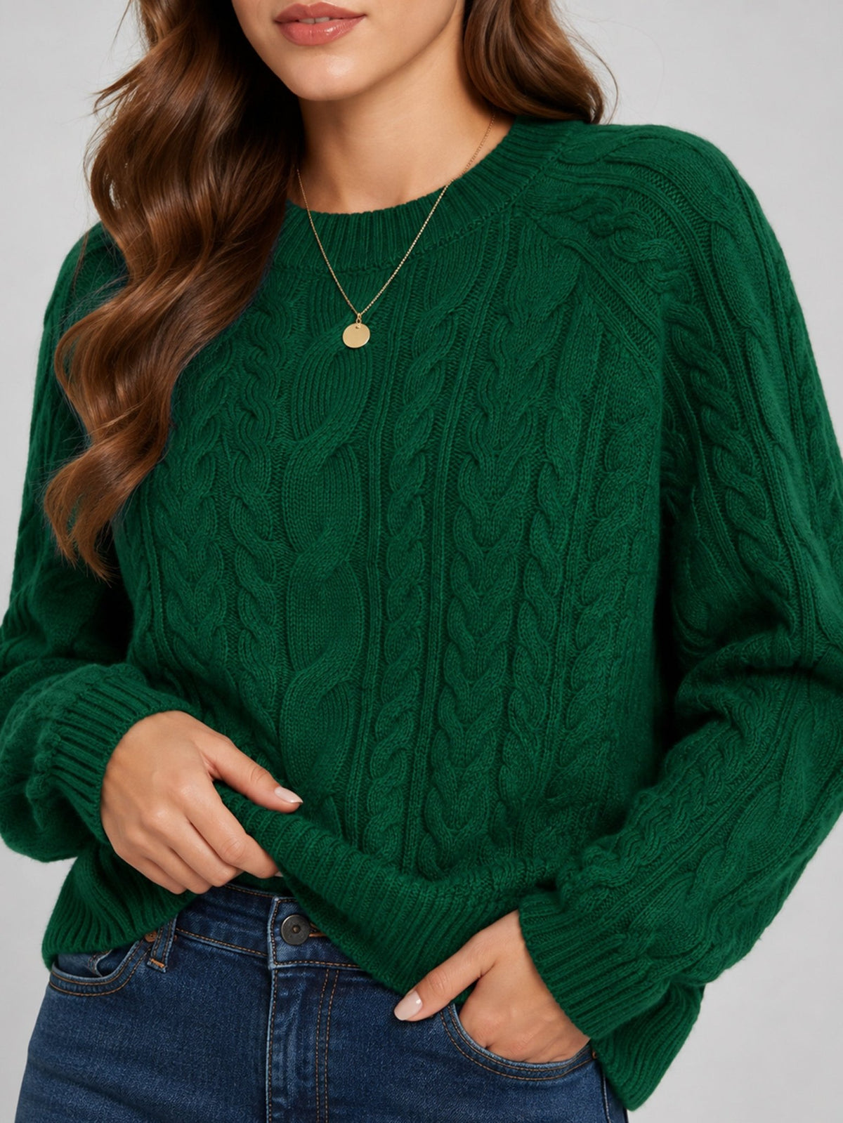 YUCOLEN Women's Oversized Cable Knit Sweater Soft Chunky Crew Neck Pullover Top in Dark Green