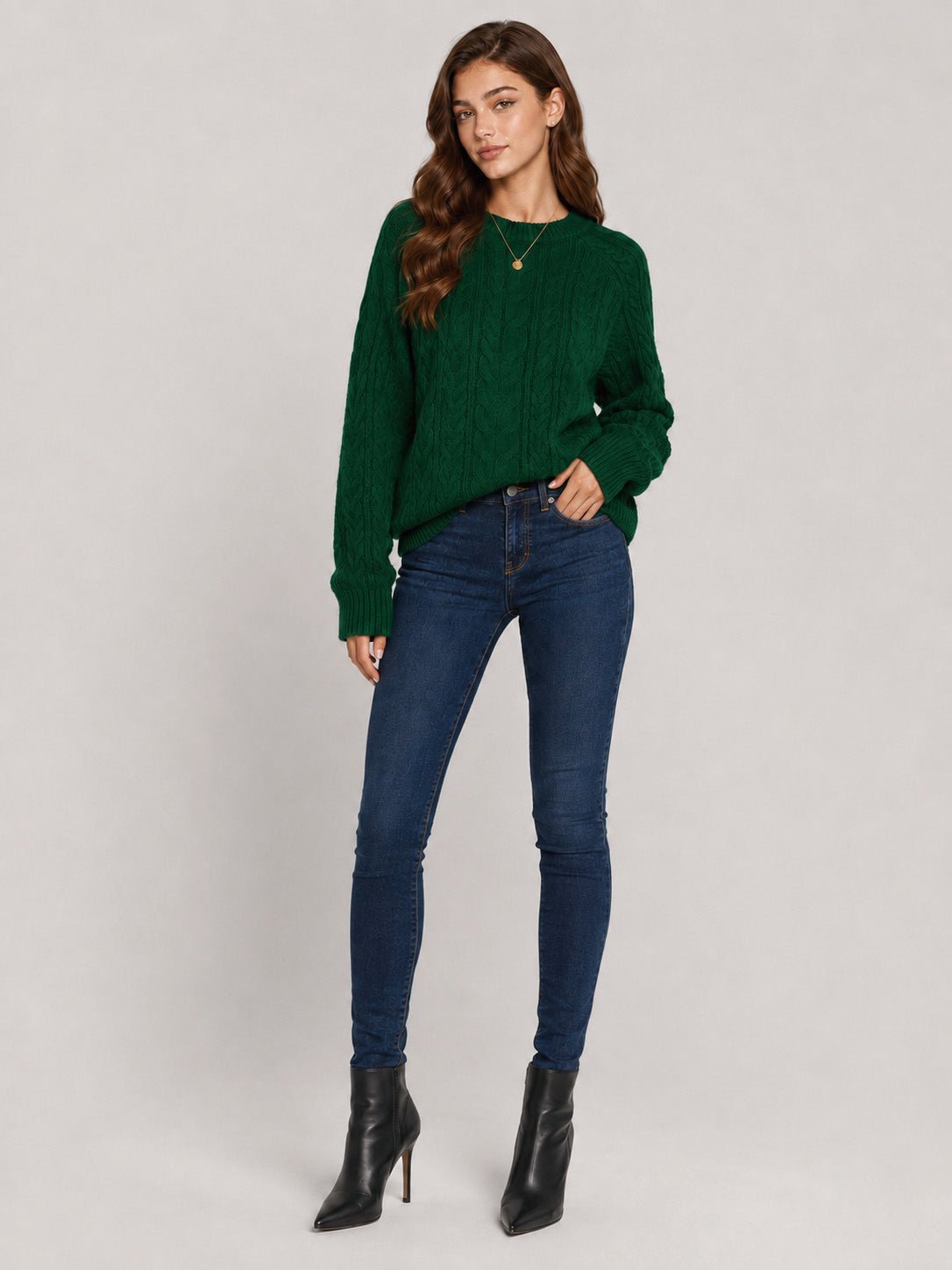 YUCOLEN Women's Oversized Cable Knit Sweater Soft Chunky Crew Neck Pullover Top in Dark Green