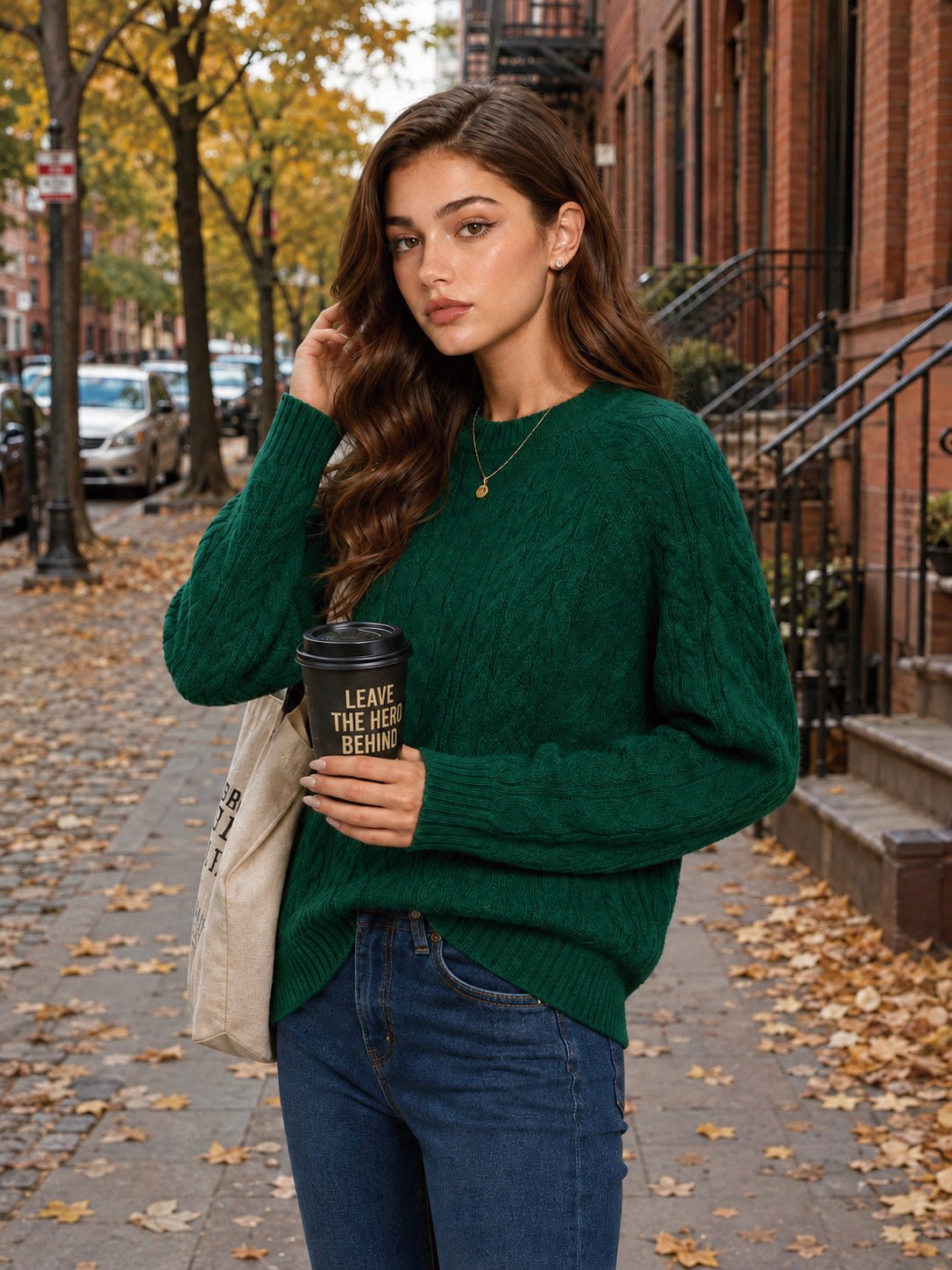 YUCOLEN Women's Oversized Cable Knit Sweater Soft Chunky Crew Neck Pullover Top in Dark Green