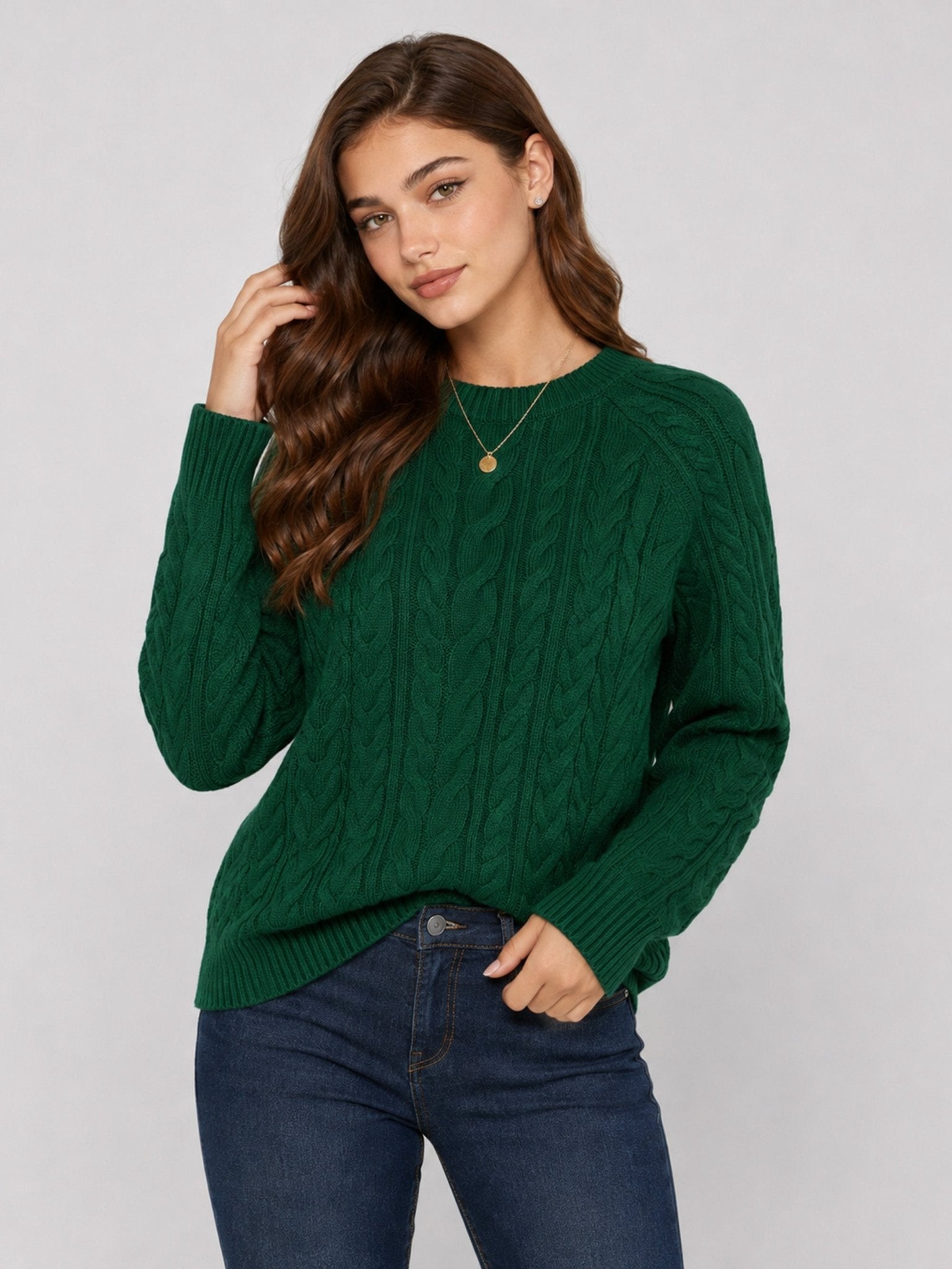YUCOLEN Women's Oversized Cable Knit Sweater Soft Chunky Crew Neck Pullover Top in Dark Green