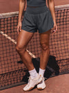 YUCOLEN Women 2.5 Inch Flowy Running Shorts - High Waisted Ruffle Workout Shorts with Zip Pocket in Dark Grey