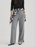 YUCOLEN Women's Fleece Lined Wide Leg Sweatpants Thermal Cotton Lounge Pants with Side Slits in Dark Grey