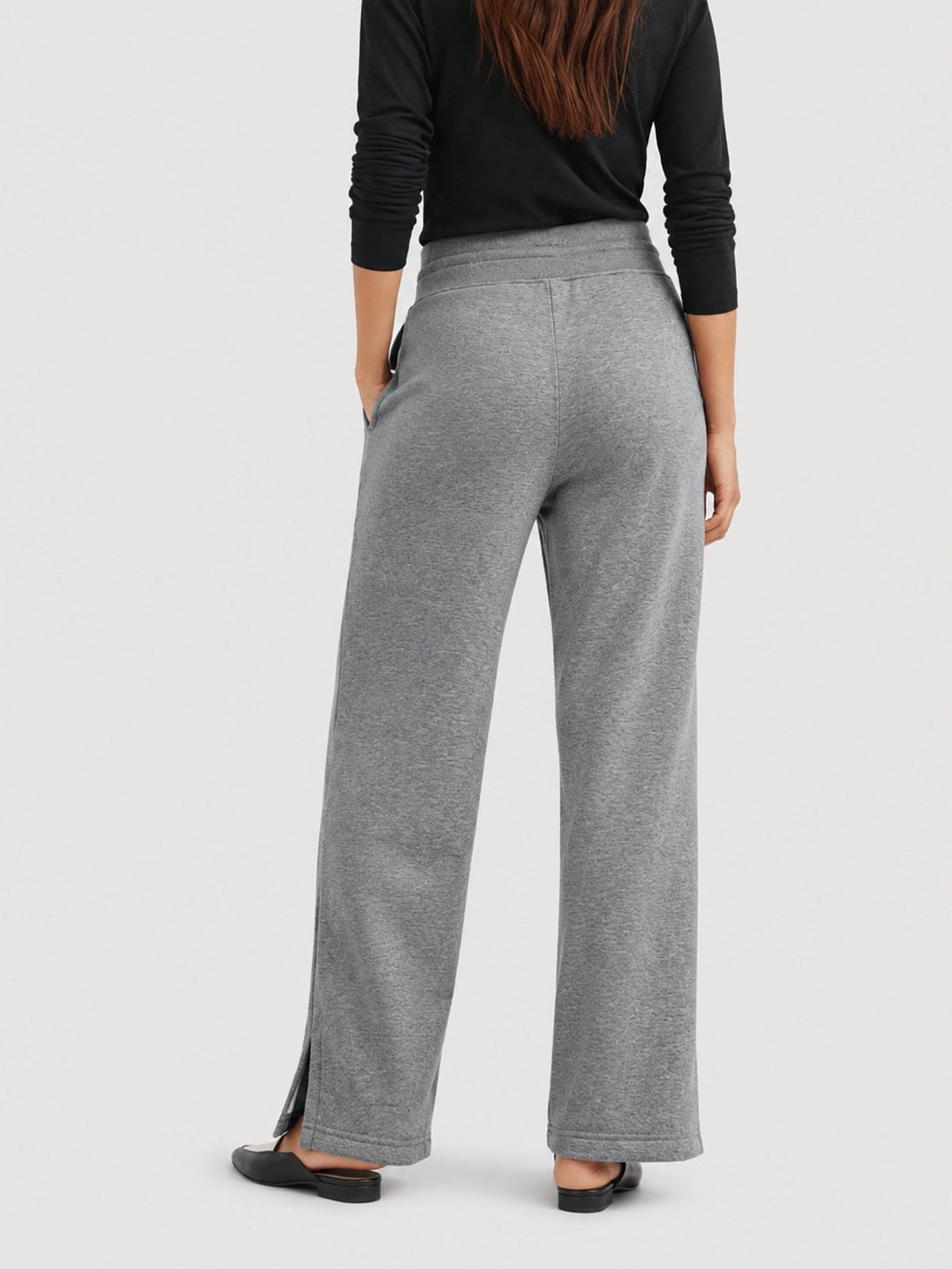 YUCOLEN Women's Fleece Lined Wide Leg Sweatpants Thermal Cotton Lounge Pants with Side Slits in Dark Grey