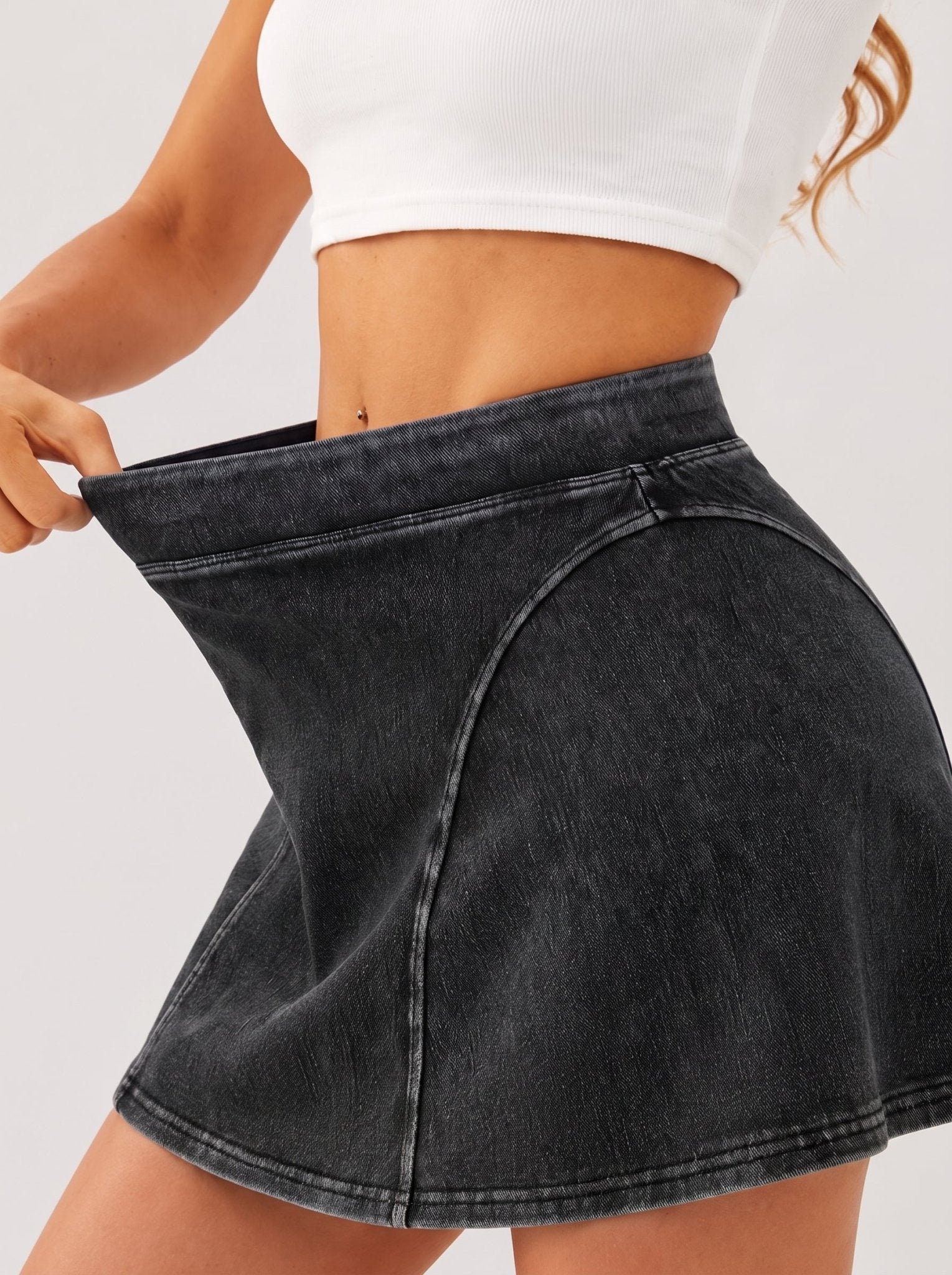 YUCOLEN Women's High Waisted Denim Skort Stretch Jean Skirt with Inner Shorts in Dark Grey
