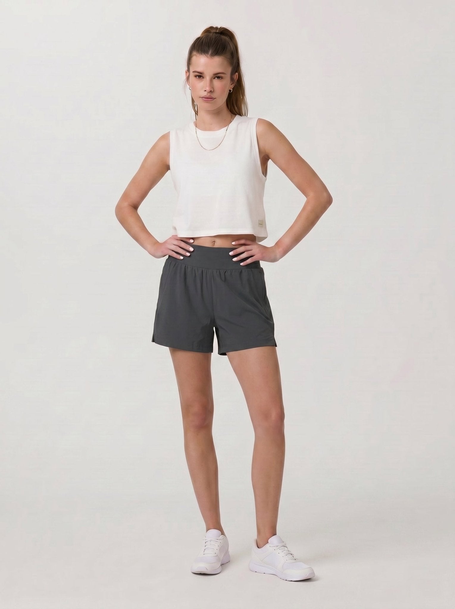 YUCOLEN Women's High Waisted Lightweight Running Shorts - Stretch Workout Shorts in Dark Grey