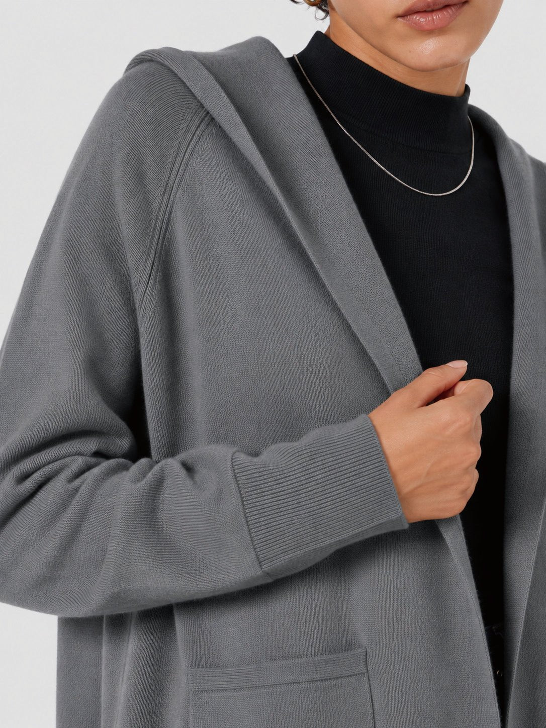 YUCOLEN Women's Hooded Open Front Cardigan Soft Knit Mid-Thigh Coatigan with Pockets in Dark Grey