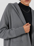 YUCOLEN Women's Hooded Open Front Cardigan Soft Knit Mid-Thigh Coatigan with Pockets in Dark Grey