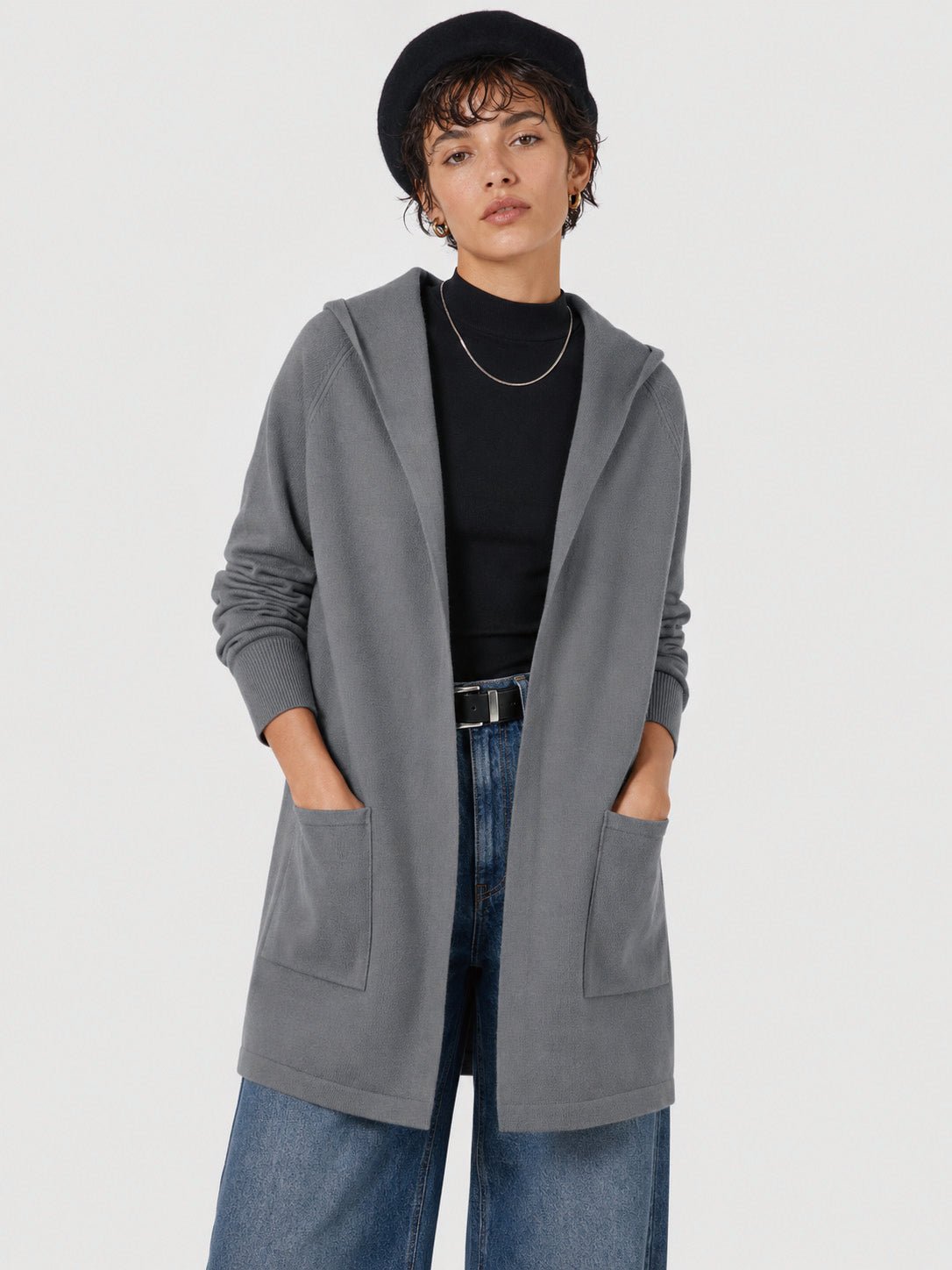 YUCOLEN Women's Hooded Open Front Cardigan Soft Knit Mid-Thigh Coatigan with Pockets in Dark Grey