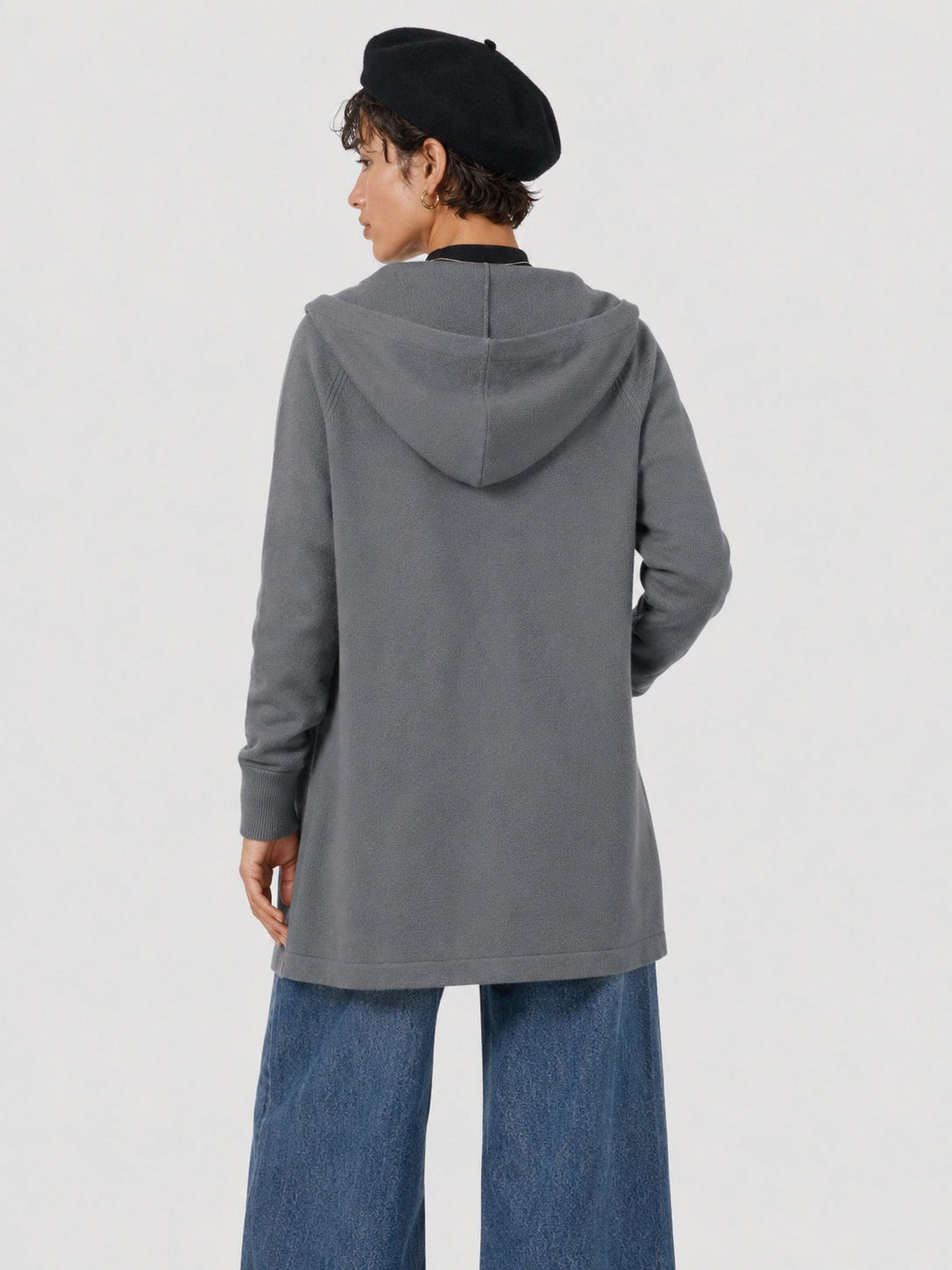 YUCOLEN Women's Hooded Open Front Cardigan Soft Knit Mid-Thigh Coatigan with Pockets in Dark Grey