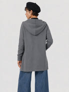 YUCOLEN Women's Hooded Open Front Cardigan Soft Knit Mid-Thigh Coatigan with Pockets in Dark Grey