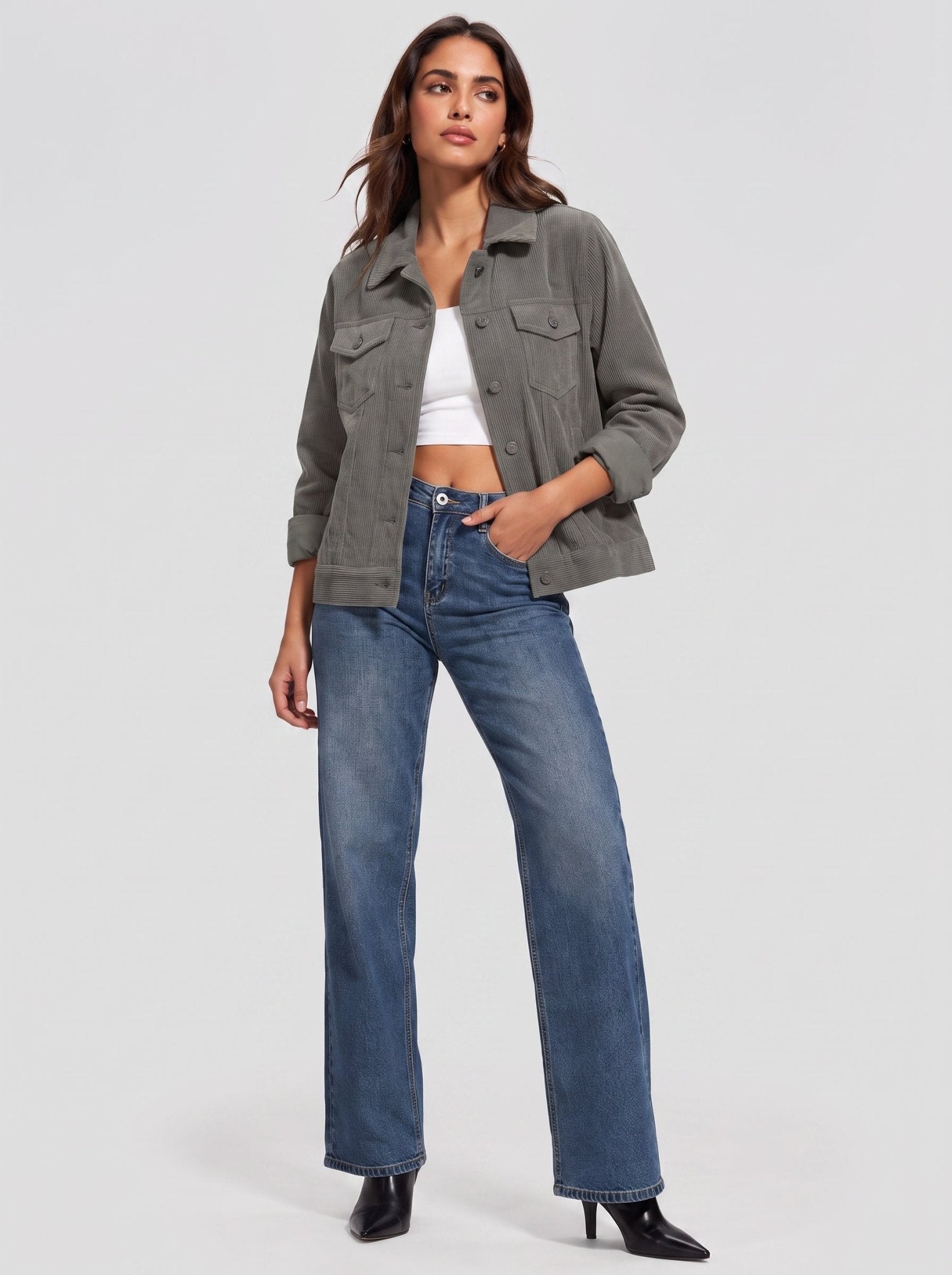 YUCOLEN Women's Lightweight Cropped Corduroy Shacket with 4 Pockets Button Down Casual Jacket in Dark Grey