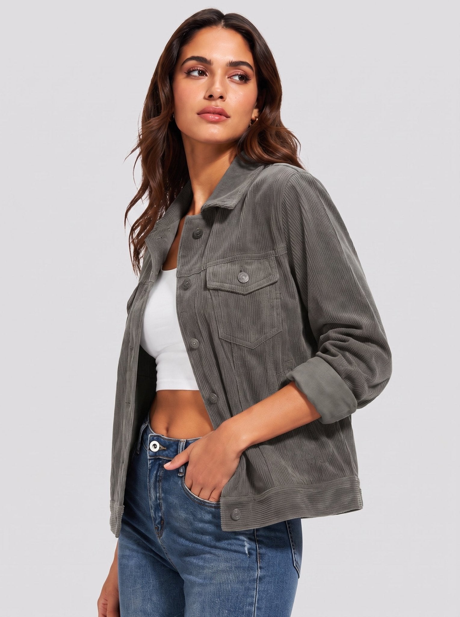 YUCOLEN Women's Lightweight Cropped Corduroy Shacket with 4 Pockets Button Down Casual Jacket in Dark Grey