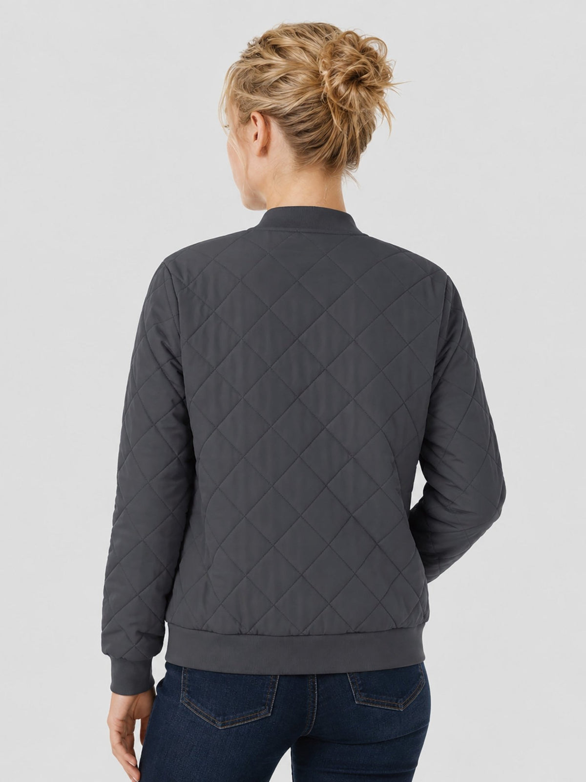 YUCOLEN Women's Lightweight Diamond Quilted Bomber Jacket with Secure Zip Pockets in Dark Grey
