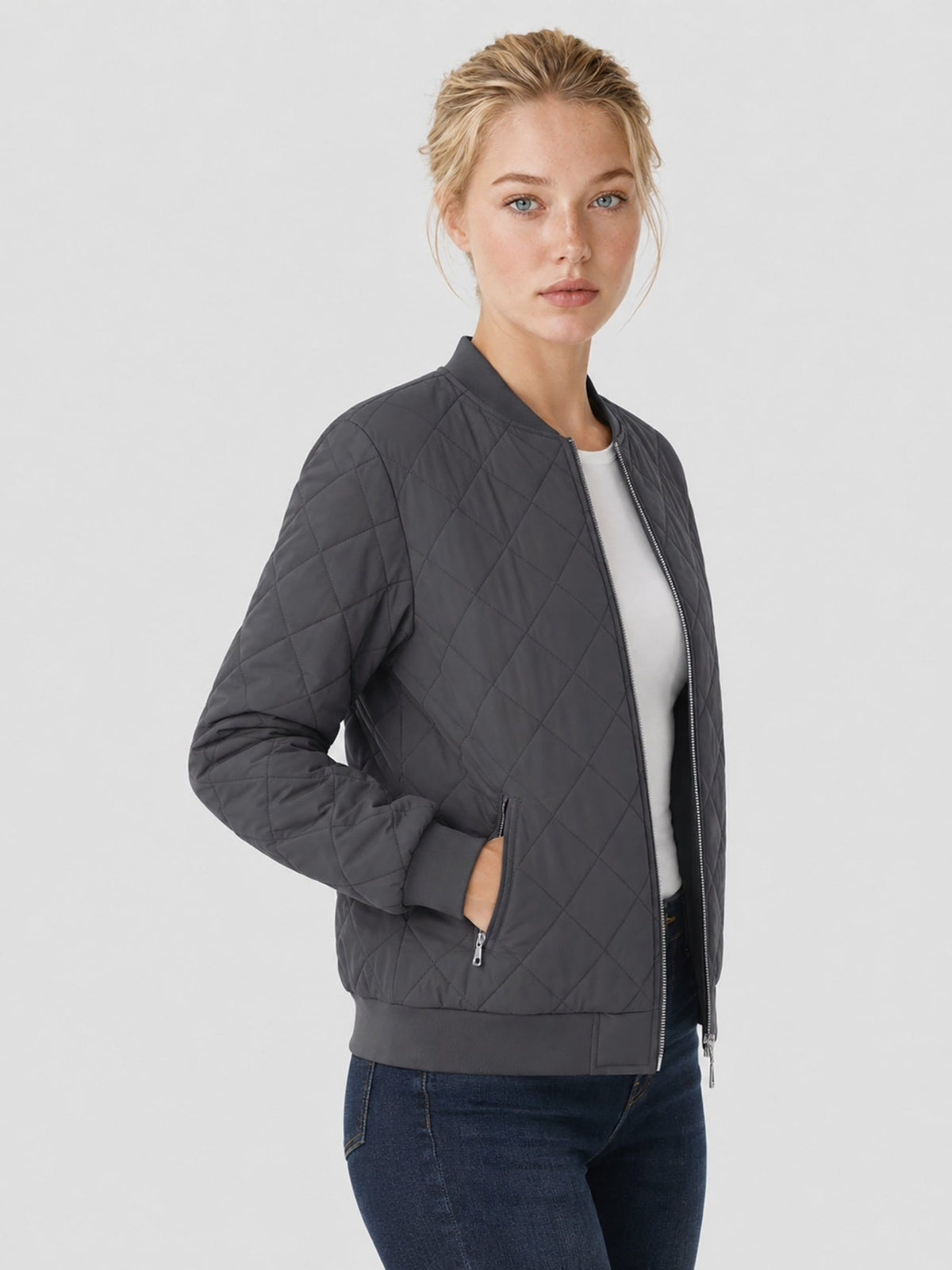YUCOLEN Women's Lightweight Diamond Quilted Bomber Jacket with Secure Zip Pockets in Dark Grey
