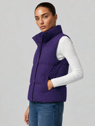 YUCOLEN Women's Lightweight Duck Down Puffer Vest Stand Collar Sleeveless Jacket in Dark Purple