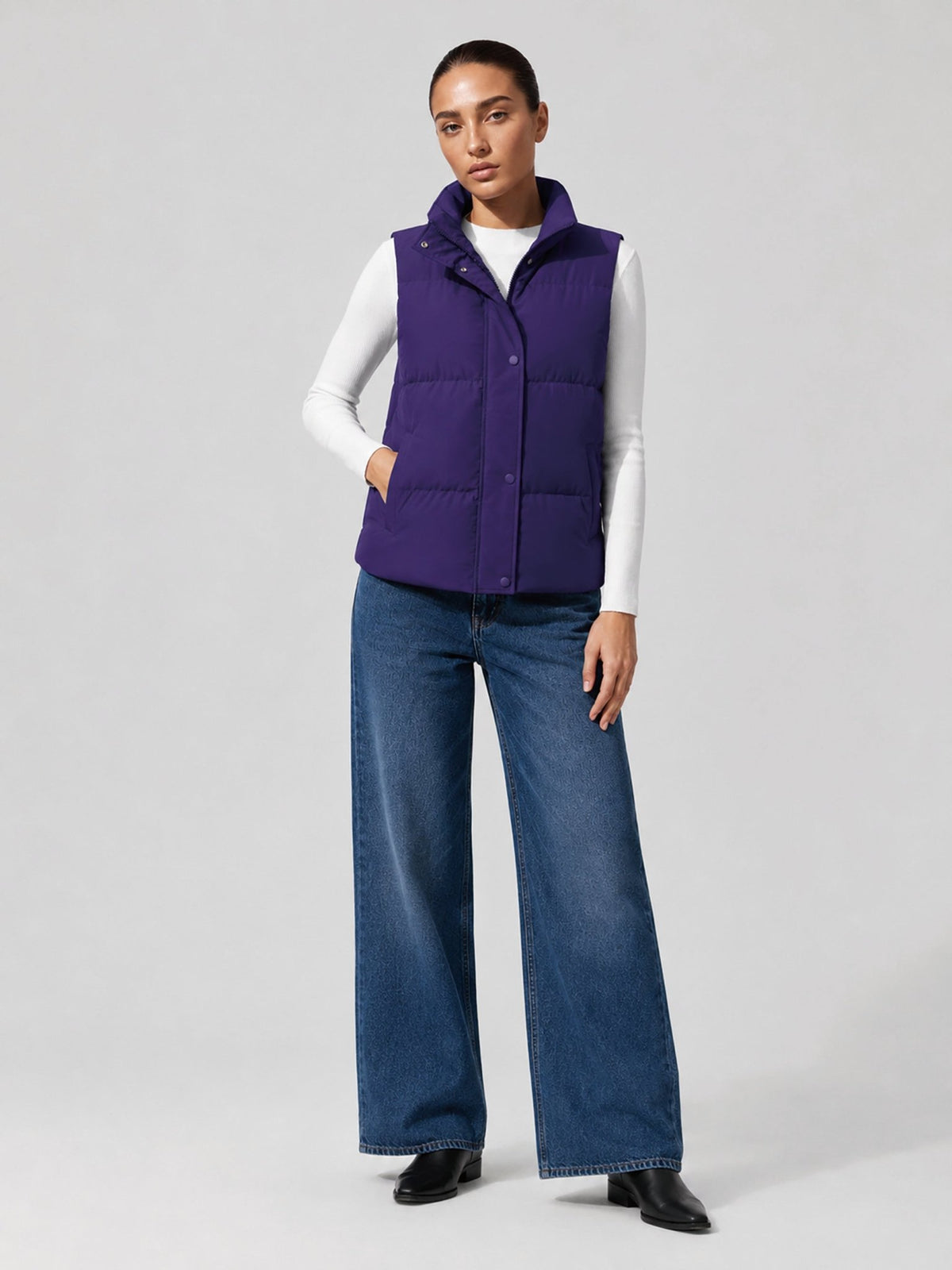 YUCOLEN Women's Lightweight Duck Down Puffer Vest Stand Collar Sleeveless Jacket in Dark Purple