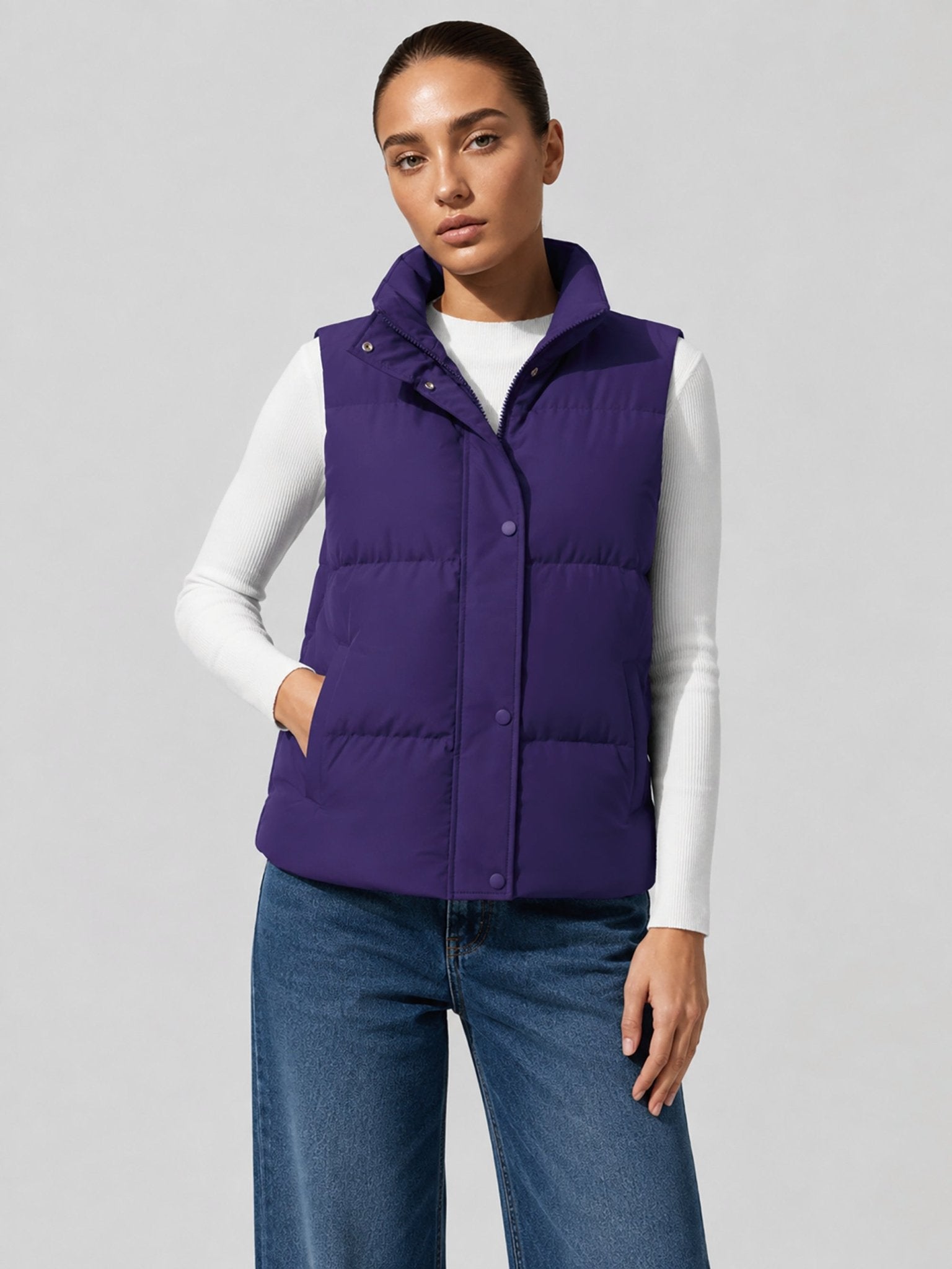YUCOLEN Women's Lightweight Duck Down Puffer Vest Stand Collar Sleeveless Jacket in Dark Purple