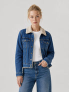 YUCOLEN Women's Warm Sherpa Lined Denim Jacket with Fleece Collar and Pockets in Denim Blue